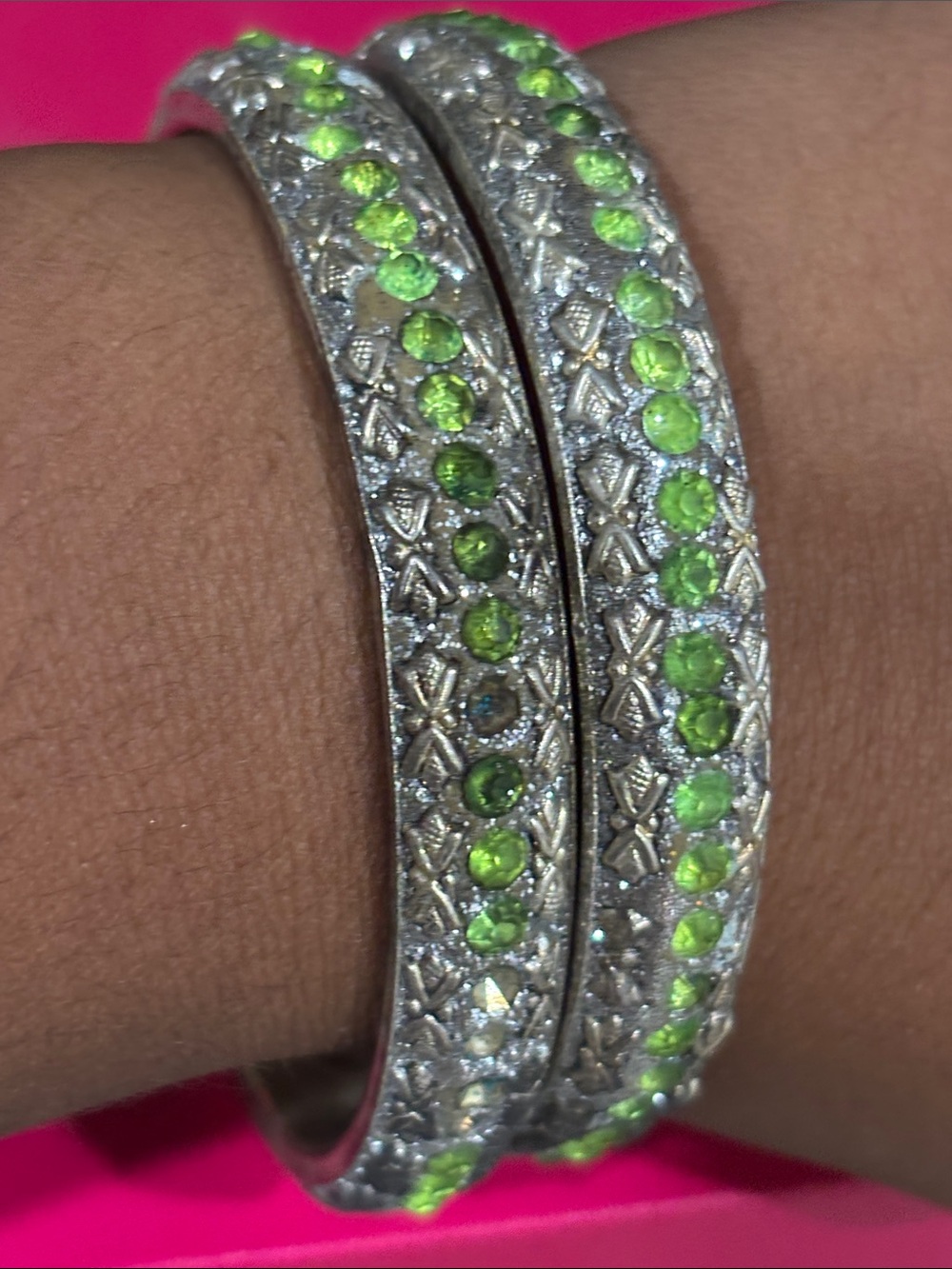 Green Crystal Silver-Tone Bangle Bracelet Set
